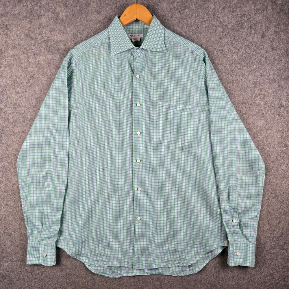 Loro Piana Linen Flax Shirt Mens 16 41 Green Plaid Button Up Made Italy Luxury